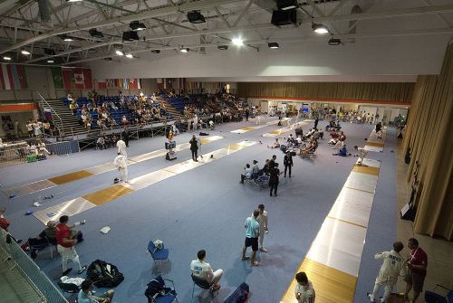 Aluminium fencing piste 17 x 1,5 m with colored security zones and 2 logos